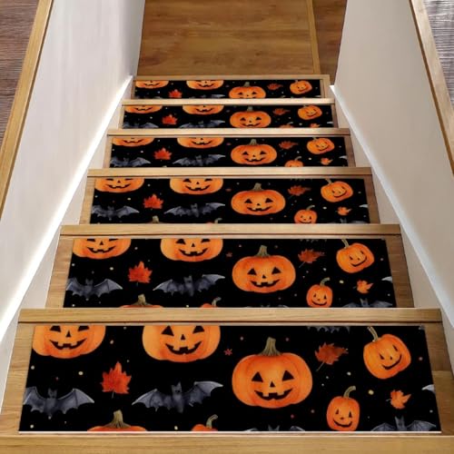 Halloween-Treppenläufer mit Kürbisfledermäusen, Herbst-Treppenmatten für Holzstufen, 76,2 x 20,3 cm, rutschfest, für den Innenbereich, Treppenläufer für Hunde, Kinder, ältere Menschen, mit Halloween-Treppenläufer mit Kürbisfledermäusen, Herbst-Treppenmatten für Holzstufen, 76,2 x 20,3 cm, rutschfest, für den Innenbereich, Treppenläufer für Hunde, Kinder, ältere Menschen, mit von Luoweisi