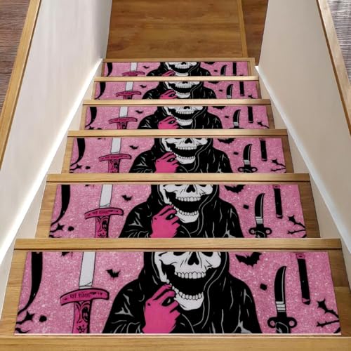 Halloween-Treppenläufer mit Skelettmuster, Rosa, 15 Stück, 76,2 x 20,3 cm, rutschfest, für den Innenbereich, Treppenläufer für Hunde, Kinder, ältere Menschen, mit wiederverwendbarem Kleber von Luoweisi