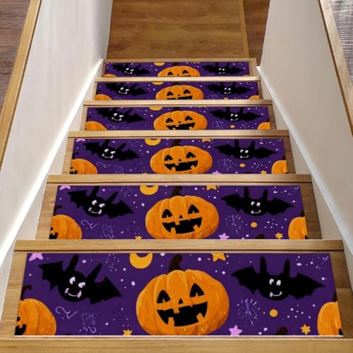 Halloween-Treppenmatten für Holzstufen, Kürbisse, Fledermaus, rutschfest, für den Innenbereich, 76,2 x 20,3 cm, 15 Stück, mit wiederverwendbarem Kleber von Luoweisi