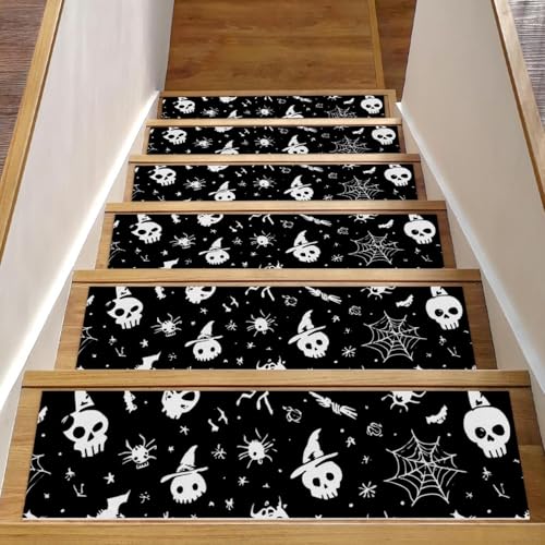 Halloween-Treppenmatten mit Spinnenschädeln, für Holzstufen, 76,2 x 20,3 cm, rutschfest, für den Innenbereich, Treppenläufer für Hunde, Kinder, ältere Menschen, mit wiederverwendbarem Klebstoff, 15 von Luoweisi
