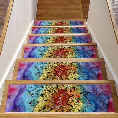 Luoweisi Bunte Aquarell-Mandala-Stufenmatten für Holzstufen, 76,2 x 20,3 cm, rutschfest, für den Innenbereich, Treppenläufer, Treppenläufer, Matten für Hunde, Kinder, ältere Menschen, mit von Luoweisi