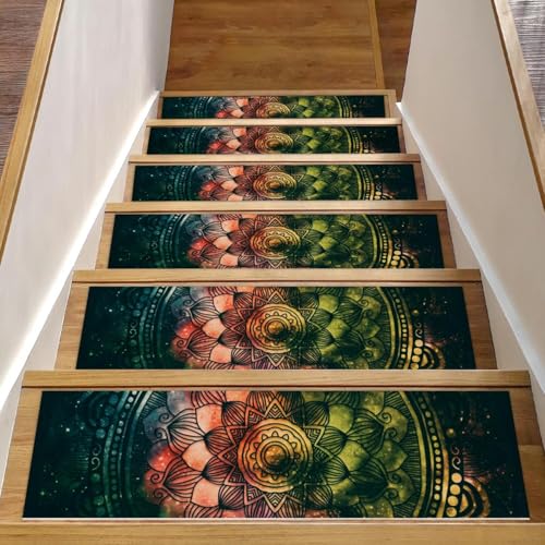Luoweisi Bunte Galaxie-Mandala-Stufenmatten für Holzstufen, 76,2 x 20,3 cm, rutschfest, für den Innenbereich, Treppenläufer, Treppenläufer, Matten für Hunde, Kinder, ältere Menschen, mit von Luoweisi