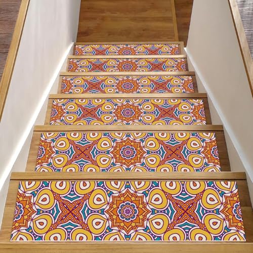 Luoweisi Bunte Mandala-Stufenmatten für Holzstufen, 76,2 x 20,3 cm, rutschfest, für den Innenbereich, Treppenläufer, Treppenläufer, Matten für Hunde, Kinder, ältere Menschen, mit wiederverwendbarem von Luoweisi