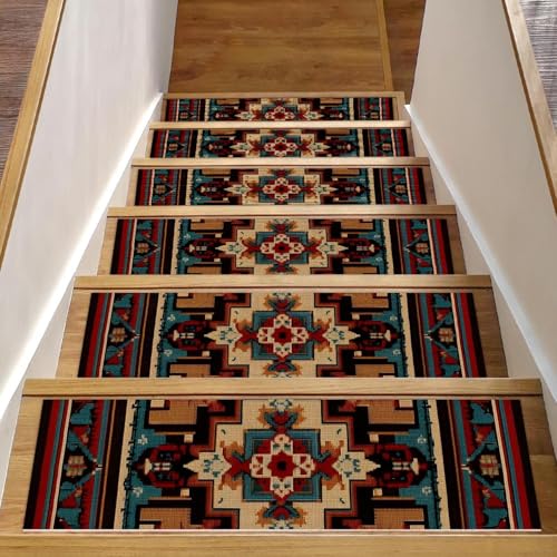 Luoweisi Bunte Stufenmatten im Boho-Aztekenmuster für Holzstufen, 15 Stück, 76,2 x 20,3 cm, rutschfest, für den Innenbereich, Treppenläufer, Treppenläufer für Hunde, Kinder, ältere Menschen, mit von Luoweisi