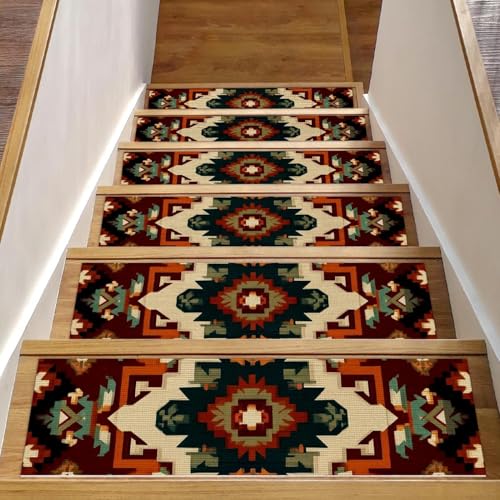 Luoweisi Bunte Stufenmatten im Boho-Aztekenmuster für Holzstufen, 15 Stück, 76,2 x 20,3 cm, rutschfest, für den Innenbereich, Treppenläufer, Treppenläufer für Hunde, Kinder, ältere Menschen, mit Luoweisi Bunte Stufenmatten im Boho-Aztekenmuster für Holzstufen, 15 Stück, 76,2 x 20,3 cm, rutschfest, für den Innenbereich, Treppenläufer, Treppenläufer für Hunde, Kinder, ältere Menschen, mit von Luoweisi