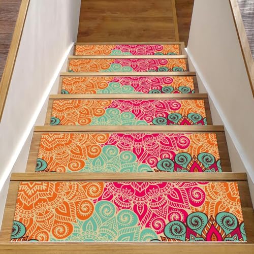 Luoweisi Bunte Stufenmatten im indischen Mandala-Stil, Bohemia-Treppenstufen für Holzstufen, 76,2 x 20,3 cm, rutschfest, für den Innenbereich, Treppenläufer für Hunde, Kinder, ältere Menschen, mit von Luoweisi