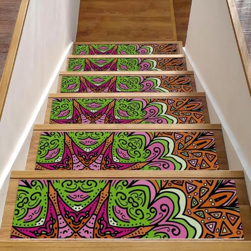 Luoweisi Bunte Stufenmatten mit Mandala-Blumenmuster für Holzstufen, 76,2 x 20,3 cm, rutschfest, für den Innenbereich, Treppenläufer, Treppenläufer, Matten für Hunde, Kinder, ältere Menschen, mit von Luoweisi