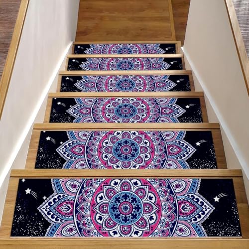 Luoweisi Ethnische Mandala-Stufenmatten für Holzstufen, 15 Stück, 76,2 x 20,3 cm, rutschfest, für den Innenbereich, Treppenläufer, Treppenläufer, Matten für Hunde, Kinder, ältere Menschen, mit von Luoweisi