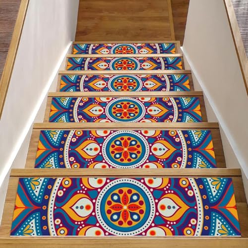 Luoweisi Mandala-Boho-Treppenmatten für Holzstufen, indische Vintage-Treppenstufen für Holzstufen, rutschfest, für den Innenbereich, 76,2 x 20,3 cm, 15 Stück, mit wiederverwendbarem Kleber von Luoweisi