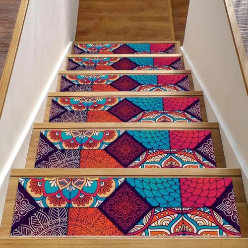 Luoweisi Mandala-Stufenmatten für Holzstufen, 76,2 x 20,3 cm, rutschfest, für den Innenbereich, Treppenläufer, Treppenläufer, Matten für Hunde, Kinder, ältere Menschen, mit wiederverwendbarem von Luoweisi