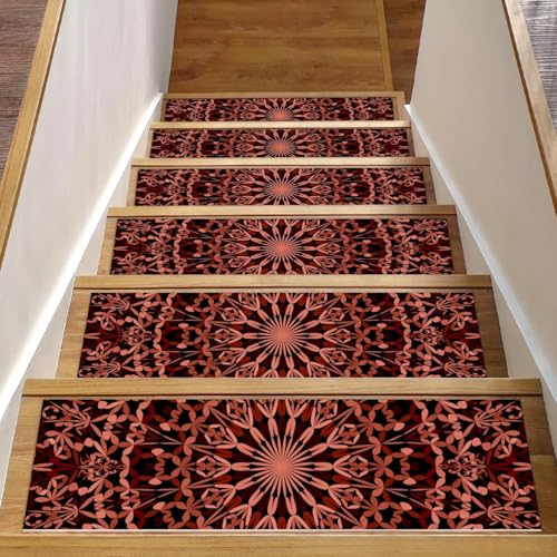 Luoweisi Mandala-Stufenmatten für Holzstufen, Braun, Blumenmuster, 76,2 x 20,3 cm, rutschfest, für den Innenbereich, für Hunde, Kinder, ältere Menschen, mit wiederverwendbarem Klebstoff, 15 Stück von Luoweisi