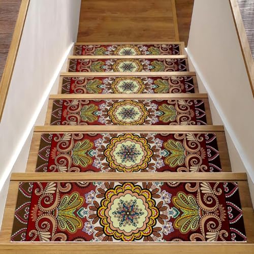 Luoweisi Mandala-Treppenläufer für Holzstufen, Retro, abstrakte indische Blumen, 15 Stück, 76,2 x 20,3 cm, rutschfest, für den Innenbereich, Treppenläufer, Stufenmatten für Hunde, Kinder, ältere Luoweisi Mandala-Treppenläufer für Holzstufen, Retro, abstrakte indische Blumen, 15 Stück, 76,2 x 20,3 cm, rutschfest, für den Innenbereich, Treppenläufer, Stufenmatten für Hunde, Kinder, ältere von Luoweisi