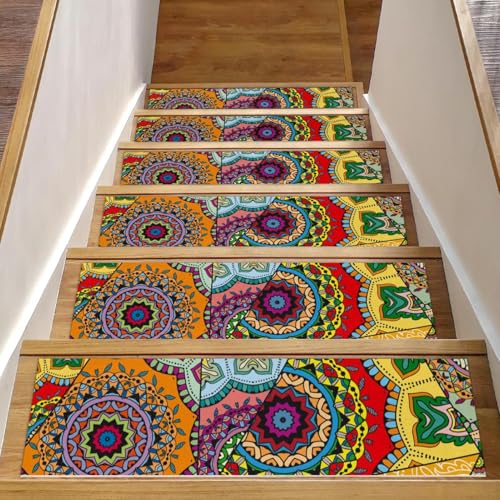 Luoweisi Mosiac Mandalas Bunte Stufenmatten für Holzstufen, 76,2 x 20,3 cm, rutschfest, für den Innenbereich, Treppenläufer, Treppenläufer, Matten für Hunde, Kinder, ältere Menschen, mit von Luoweisi