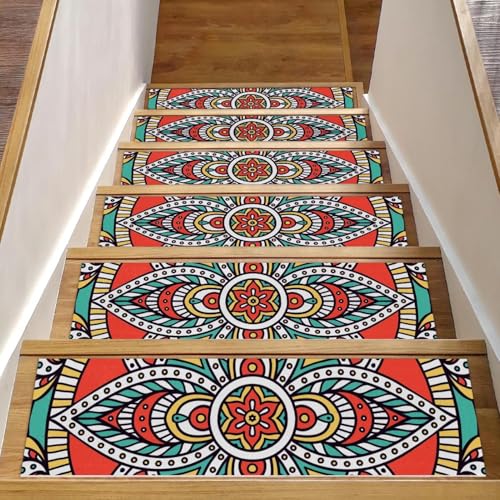 Luoweisi Psychedelische Mandala-Stufenmatten für Holzstufen, 15 Stück, 76,2 x 20,3 cm, rutschfest, für den Innenbereich, Treppenläufer, Treppenläufer, Matten für Hunde, Kinder, ältere Menschen, mit von Luoweisi
