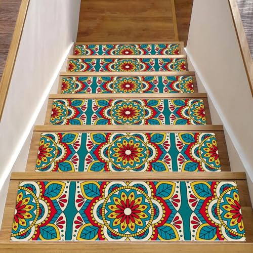 Luoweisi Psychedelische Stufenmatten für Holzstufen, indisches Mandala, Blau, 15 Stück, 76,2 x 20,3 cm, rutschfest, für den Innenbereich, Treppenläufer, Treppenläufer, Matten für Hunde, Kinder, ältere von Luoweisi