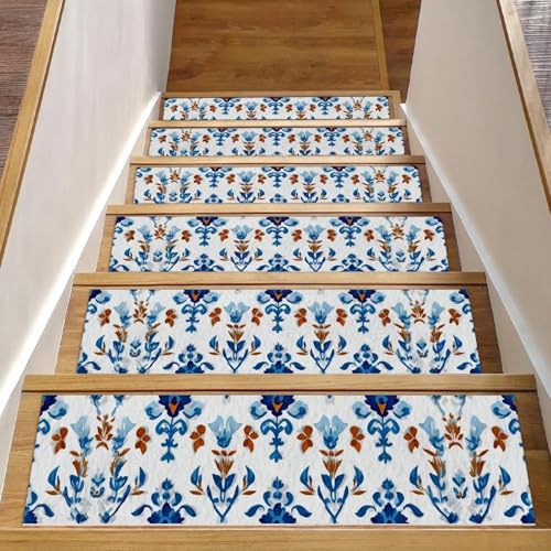 Luoweisi Stufenmatten für Holzstufen, Boho-Blumenmuster, ethnisches Muster, 76,2 x 20,3 cm, rutschfest, für den Innenbereich, Treppenläufer, Treppenläufer, Matten für Hunde, Kinder, ältere Menschen von Luoweisi
