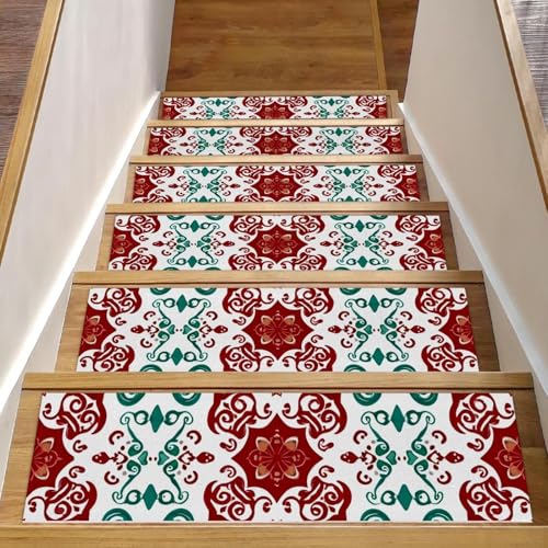 Luoweisi Stufenmatten für Holzstufen, Boho-Blumenmuster, ethnisches Muster, 76,2 x 20,3 cm, rutschfest, für den Innenbereich, Treppenläufer, Treppenläufer, Matten für Hunde, Kinder, ältere Menschen von Luoweisi