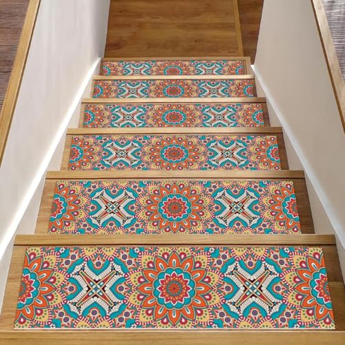 Luoweisi Stufenmatten für Holzstufen, Ethnisches Blumenmuster mit Mandalas, rutschfest, für den Innenbereich, 76,2 x 20,3 cm, 15 Stück, mit wiederverwendbarem Kleber von Luoweisi