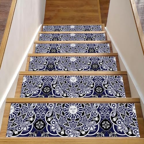 Luoweisi Stufenmatten für Holzstufen, Retro-Mandala, indisch, Boho, rutschfest, für den Innenbereich, 76,2 x 20,3 cm, 15 Stück, mit wiederverwendbarem Kleber von Luoweisi