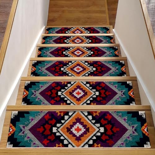 Luoweisi Stufenmatten für Holzstufen, Retro-Stil, Boho-Aztekenmuster, rutschfest, für den Innenbereich, 76,2 x 20,3 cm, 15 Stück, mit wiederverwendbarem Kleber von Luoweisi