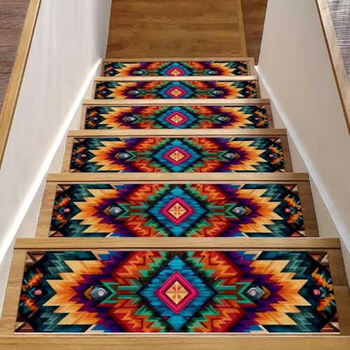 Luoweisi Stufenmatten für Holzstufen, Retro-Stil, Boho-Aztekenmuster, rutschfest, für den Innenbereich, 76,2 x 20,3 cm, 15 Stück, mit wiederverwendbarem Kleber von Luoweisi