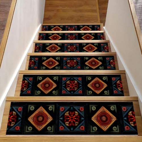 Luoweisi Stufenmatten für Holzstufen, Retro-Stil, Boho-Aztekenmuster, rutschfest, für den Innenbereich, 76,2 x 20,3 cm, 15 Stück, mit wiederverwendbarem Kleber von Luoweisi