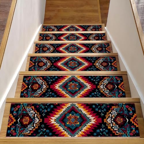 Luoweisi Stufenmatten für Holzstufen, Retro-Stil, Boho-Aztekenmuster, rutschfest, für den Innenbereich, 76,2 x 20,3 cm, 15 Stück, mit wiederverwendbarem Kleber Luoweisi Stufenmatten für Holzstufen, Retro-Stil, Boho-Aztekenmuster, rutschfest, für den Innenbereich, 76,2 x 20,3 cm, 15 Stück, mit wiederverwendbarem Kleber von Luoweisi