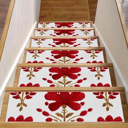 Luoweisi Stufenmatten für Holzstufen, Retro-Stil, ethnisches Boho-Muster, rutschfest, für den Innenbereich, 76,2 x 20,3 cm, 15 Stück, mit wiederverwendbarem Kleber von Luoweisi