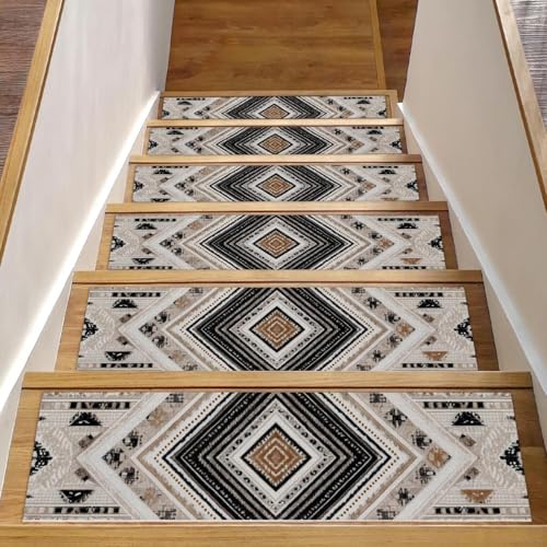 Luoweisi Stufenmatten für Holzstufen, Retro-Stil, ethnisches Boho-Muster, rutschfest, für den Innenbereich, 76,2 x 20,3 cm, 15 Stück, mit wiederverwendbarem Kleber von Luoweisi