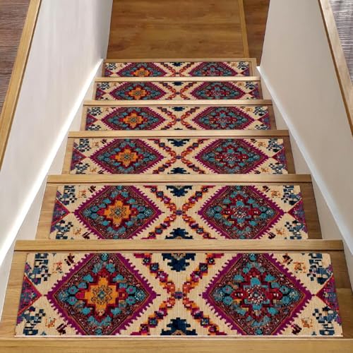 Luoweisi Stufenmatten für Holzstufen, Retro-Stil, ethnisches Boho-Muster, rutschfest, für den Innenbereich, 76,2 x 20,3 cm, 15 Stück, mit wiederverwendbarem Kleber von Luoweisi