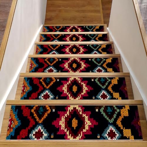 Luoweisi Stufenmatten für Holzstufen, Retro-Stil, ethnisches Boho-Muster, rutschfest, für den Innenbereich, 76,2 x 20,3 cm, 15 Stück, mit wiederverwendbarem Kleber von Luoweisi