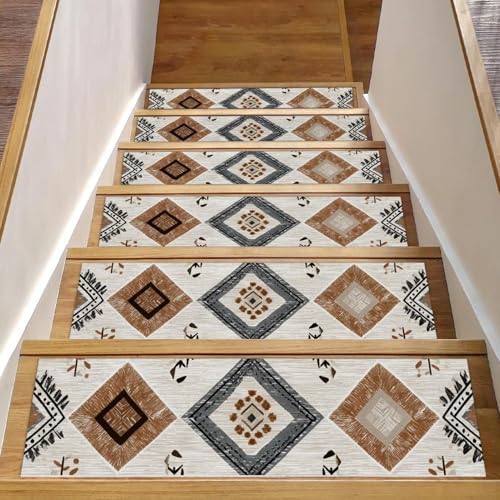 Luoweisi Stufenmatten für Holzstufen, Retro-Stil, ethnisches Boho-Muster, rutschfest, für den Innenbereich, 76,2 x 20,3 cm, 15 Stück, mit wiederverwendbarem Kleber von Luoweisi