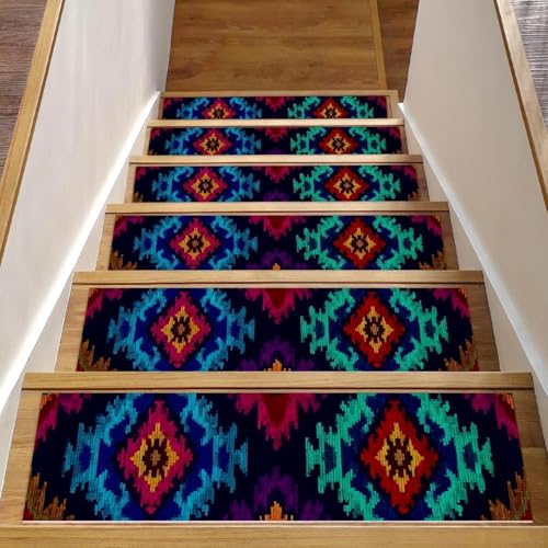 Luoweisi Stufenmatten für Holzstufen, Retro-Stil, ethnisches Boho-Muster, rutschfest, für den Innenbereich, 76,2 x 20,3 cm, 15 Stück, mit wiederverwendbarem Kleber von Luoweisi