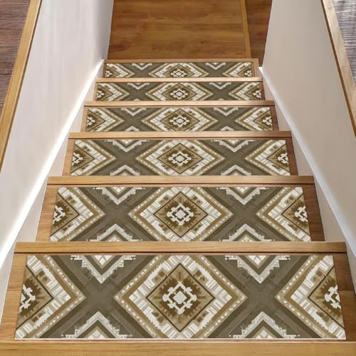 Luoweisi Stufenmatten für Holzstufen, Retro-Stil, ethnisches Boho-Muster, rutschfest, für den Innenbereich, 76,2 x 20,3 cm, 15 Stück, mit wiederverwendbarem Kleber von Luoweisi