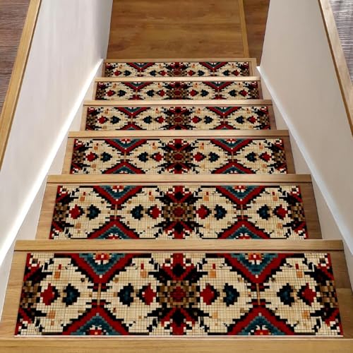 Luoweisi Stufenmatten für Holzstufen, Retro-Stil, ethnisches Boho-Muster, rutschfest, für den Innenbereich, 76,2 x 20,3 cm, 15 Stück, mit wiederverwendbarem Kleber von Luoweisi