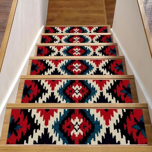 Luoweisi Stufenmatten für Holzstufen, Retro-Stil, ethnisches Boho-Muster, rutschfest, für den Innenbereich, 76,2 x 20,3 cm, 15 Stück, mit wiederverwendbarem Kleber von Luoweisi