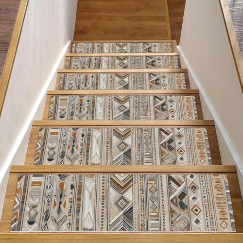 Luoweisi Stufenmatten für Holzstufen, Retro-Stil, ethnisches Boho-Muster, rutschfest, für den Innenbereich, 76,2 x 20,3 cm, 15 Stück, mit wiederverwendbarem Kleber von Luoweisi