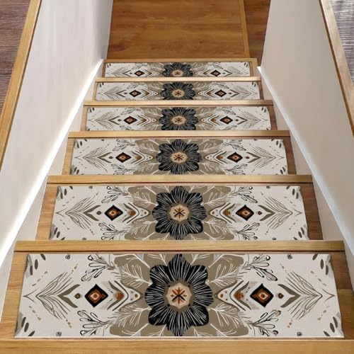 Luoweisi Stufenmatten für Holzstufen, Retro-Stil, ethnisches Boho-Muster, rutschfest, für den Innenbereich, 76,2 x 20,3 cm, 15 Stück, mit wiederverwendbarem Kleber von Luoweisi