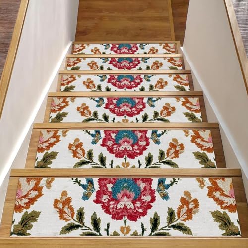 Luoweisi Stufenmatten für Holzstufen, Retro-Stil, ethnisches Boho-Muster, rutschfest, für den Innenbereich, 76,2 x 20,3 cm, 15 Stück, mit wiederverwendbarem Kleber von Luoweisi