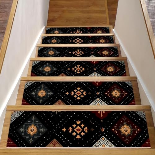 Luoweisi Stufenmatten für Holzstufen, Retro-Stil, ethnisches Boho-Muster, rutschfest, für den Innenbereich, 76,2 x 20,3 cm, 15 Stück, mit wiederverwendbarem Kleber von Luoweisi
