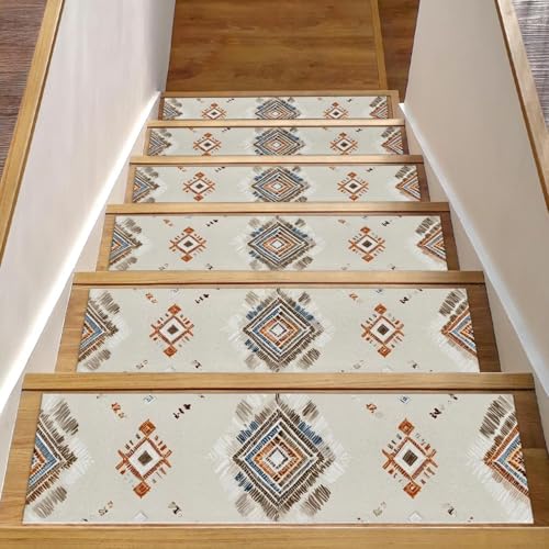Luoweisi Stufenmatten für Holzstufen, Retro-Stil, ethnisches Boho-Muster, rutschfest, für den Innenbereich, 76,2 x 20,3 cm, 15 Stück, mit wiederverwendbarem Kleber von Luoweisi