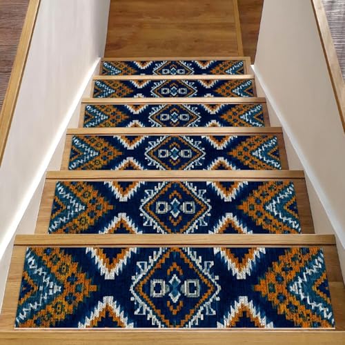 Luoweisi Stufenmatten für Holzstufen, Retro-Stil, ethnisches Boho-Muster, rutschfest, für den Innenbereich, 76,2 x 20,3 cm, 15 Stück, mit wiederverwendbarem Kleber von Luoweisi