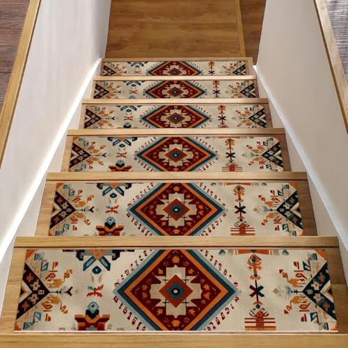 Luoweisi Stufenmatten für Holzstufen, Retro-Stil, ethnisches Boho-Muster, rutschfest, für den Innenbereich, 76,2 x 20,3 cm, 15 Stück, mit wiederverwendbarem Kleber von Luoweisi