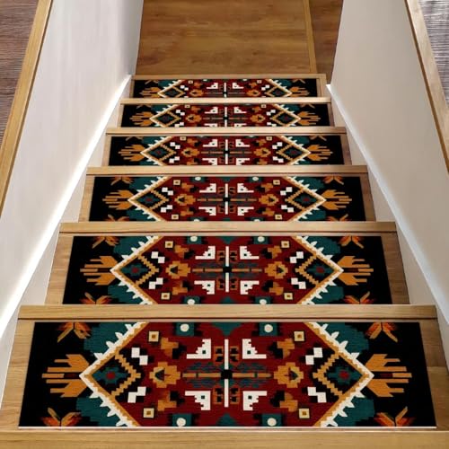Luoweisi Stufenmatten für Holzstufen, Retro-Stil, ethnisches Boho-Muster, rutschfest, für den Innenbereich, 76,2 x 20,3 cm, 15 Stück, mit wiederverwendbarem Kleber von Luoweisi