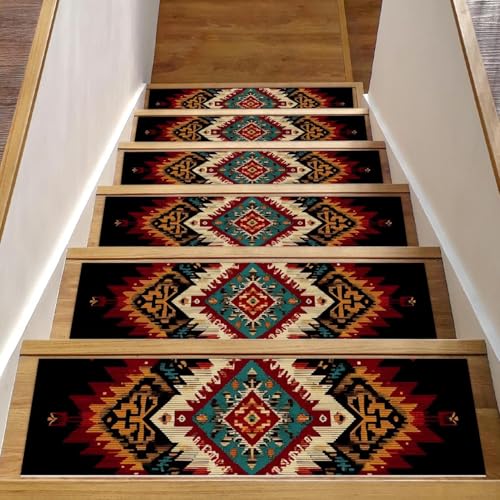 Luoweisi Stufenmatten für Holzstufen, Retro-Stil, ethnisches Boho-Muster, rutschfest, für den Innenbereich, 76,2 x 20,3 cm, 15 Stück, mit wiederverwendbarem Kleber von Luoweisi