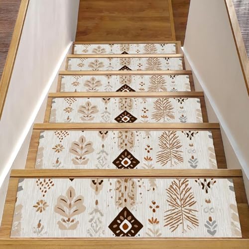 Luoweisi Stufenmatten für Holzstufen, Retro-Stil, ethnisches Boho-Muster, rutschfest, für den Innenbereich, 76,2 x 20,3 cm, 15 Stück, mit wiederverwendbarem Kleber von Luoweisi