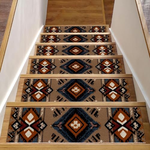 Luoweisi Stufenmatten für Holzstufen, Retro-Stil, ethnisches Boho-Muster, rutschfest, für den Innenbereich, 76,2 x 20,3 cm, 15 Stück, mit wiederverwendbarem Kleber von Luoweisi