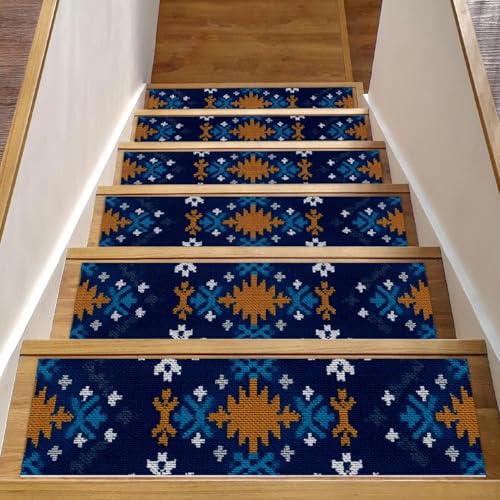 Luoweisi Stufenmatten für Holzstufen, Retro-Stil, ethnisches Boho-Muster, rutschfest, für den Innenbereich, 76,2 x 20,3 cm, 15 Stück, mit wiederverwendbarem Kleber von Luoweisi