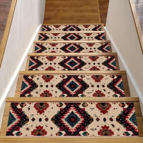 Luoweisi Stufenmatten für Holzstufen, Retro-Stil, ethnisches Boho-Muster, rutschfest, für den Innenbereich, 76,2 x 20,3 cm, 15 Stück, mit wiederverwendbarem Kleber von Luoweisi