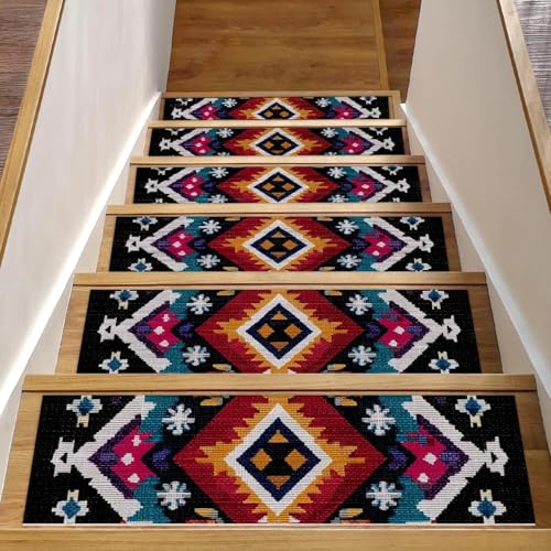 Luoweisi Stufenmatten für Holzstufen, Retro-Stil, ethnisches Boho-Muster, rutschfest, für den Innenbereich, 76,2 x 20,3 cm, 15 Stück, mit wiederverwendbarem Kleber von Luoweisi